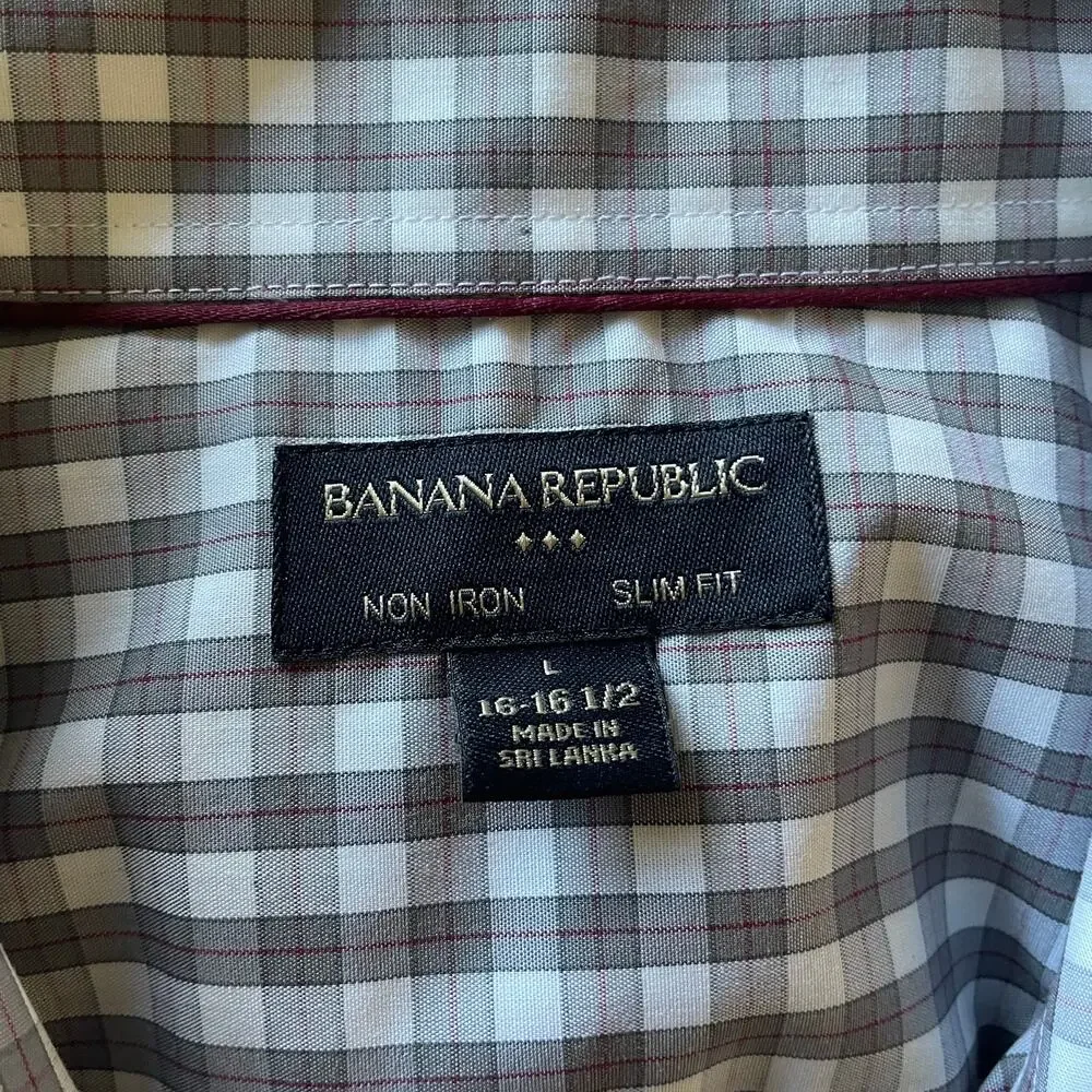 Banana Republic Gray White Plaid & Red No Iron Pinpoint Slim Fit L/S Shirt - L